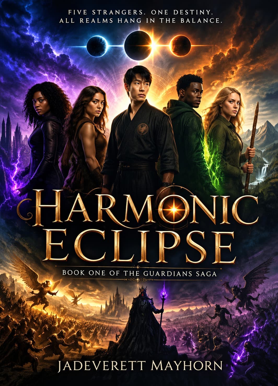 Harmonic Eclipse book cover, five figures standing before an eclipse, a dark army below