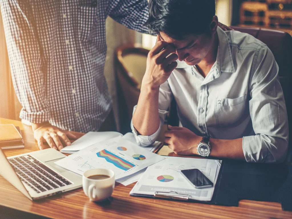 Coach in confident conversation with client in relaxed setting