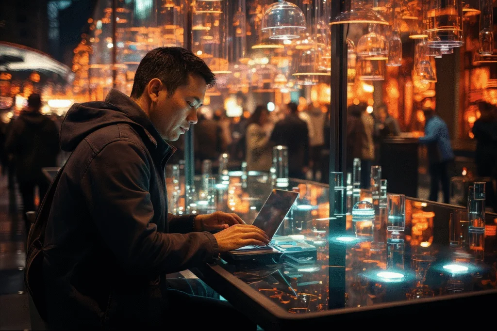 Content creator recording in home studio with focused creative energy