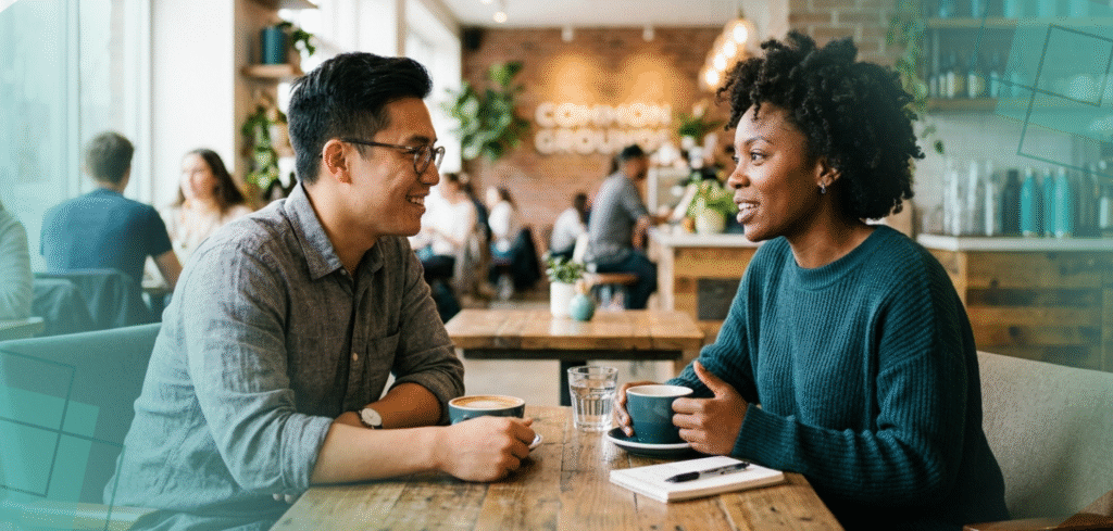 Coach in confident conversation with client in relaxed setting