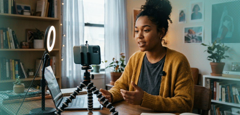 Content creator recording in home studio with focused creative energy