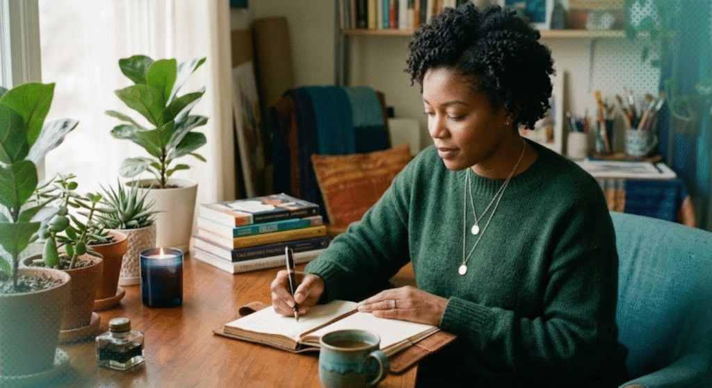 Woman journaling in morning light with intentional focus